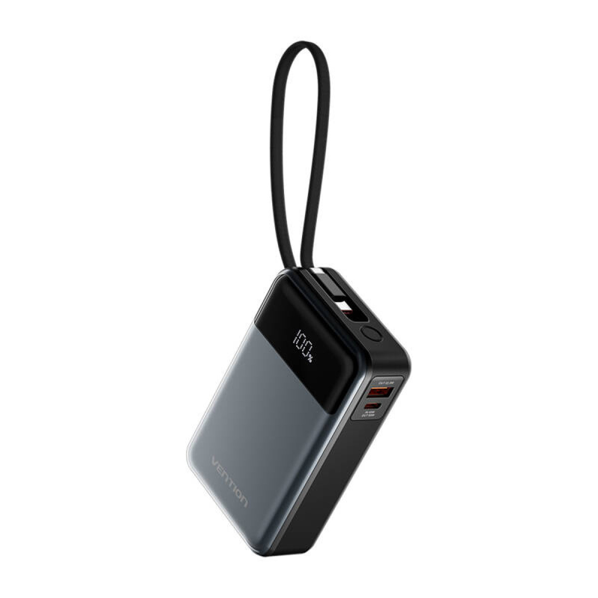 Szary i czarny power bank Vention z czarnym paskiem. Wyświetlacz pokazuje 100%. Widoczne są dwa porty USB.