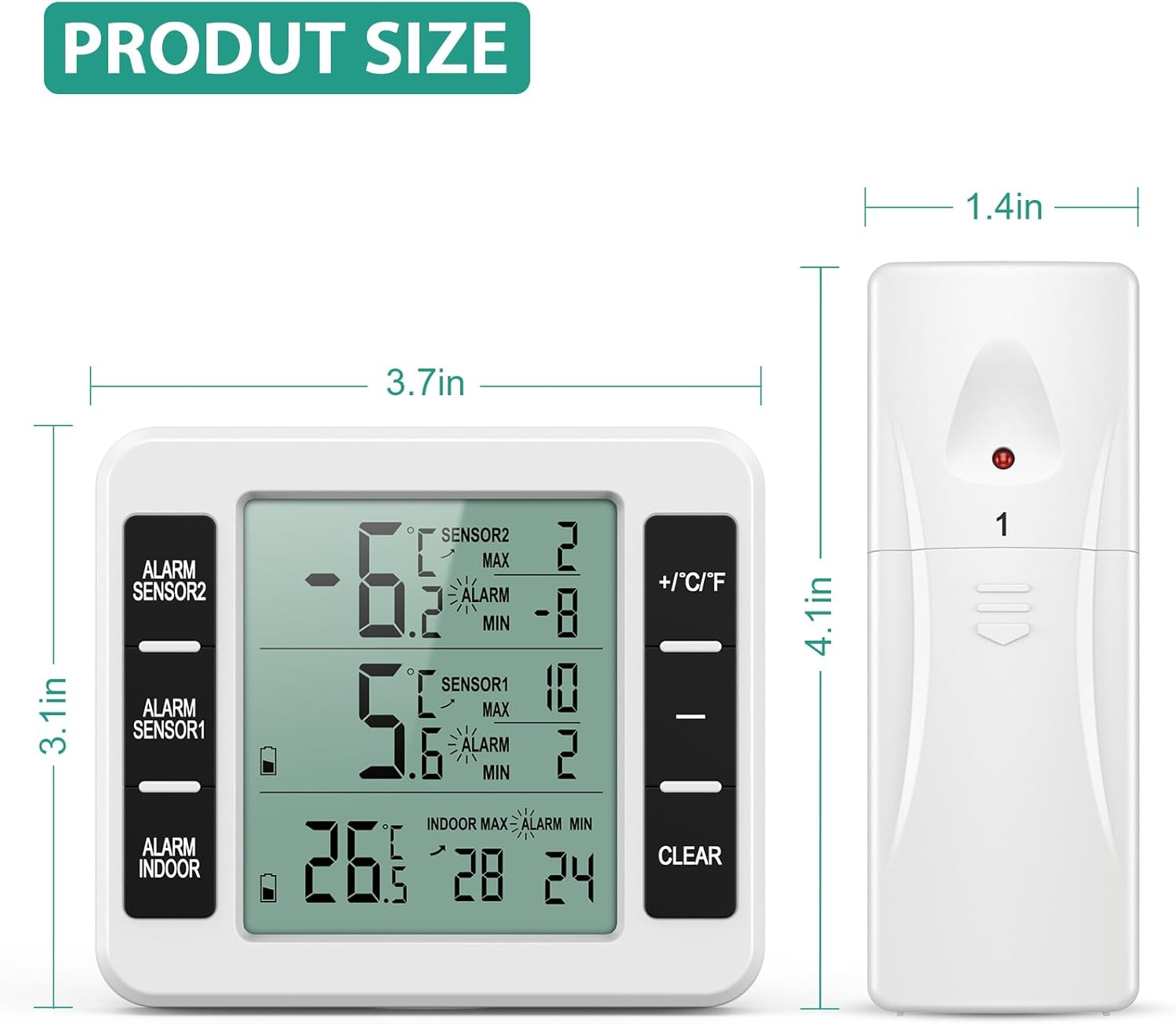 Ein weißes digitales Thermometer zeigt Temperaturmesswerte an. Es gibt Knöpfe und beschriftete Abmessungen, einschließlich 3,1 Zoll, 3,7 Zoll und 1,4 Zoll.