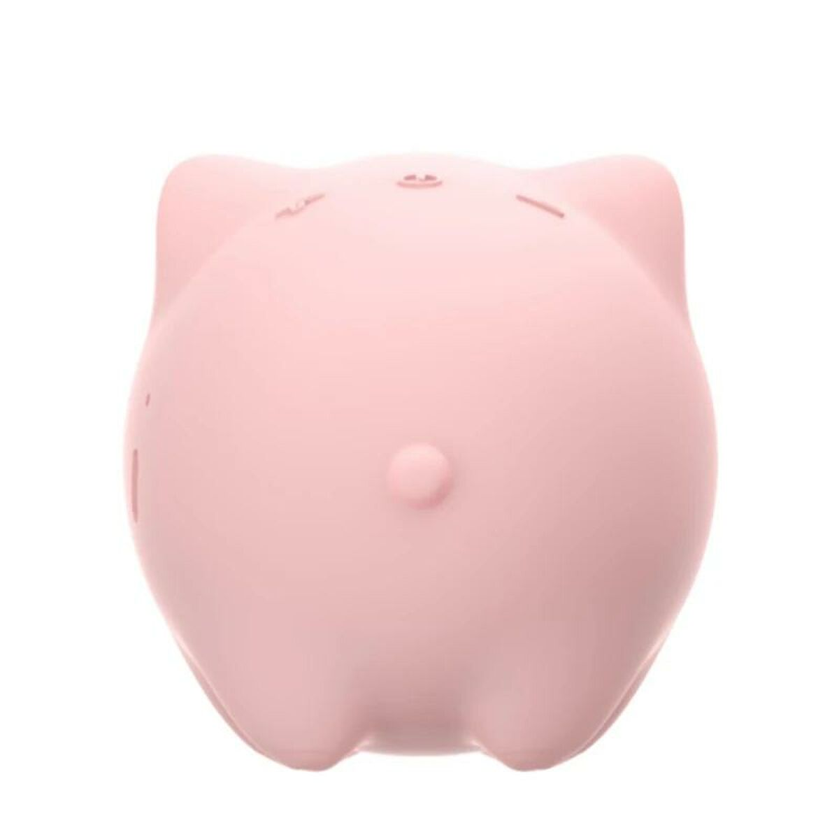 Un oggetto rosa e arrotondato che assomiglia alla parte posteriore di un maiale. Ha piccole orecchie in cima e una piccola coda rotonda. Lo sfondo è bianco.