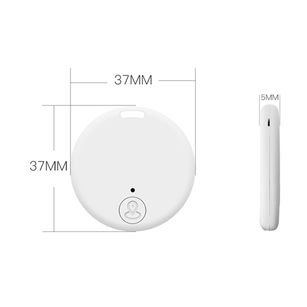 Weißer kreisförmiger Tracker mit Beschriftung der Abmessungen. Seitenansicht zeigt Dicke. Mit einer Taste mit Standortsymbol.