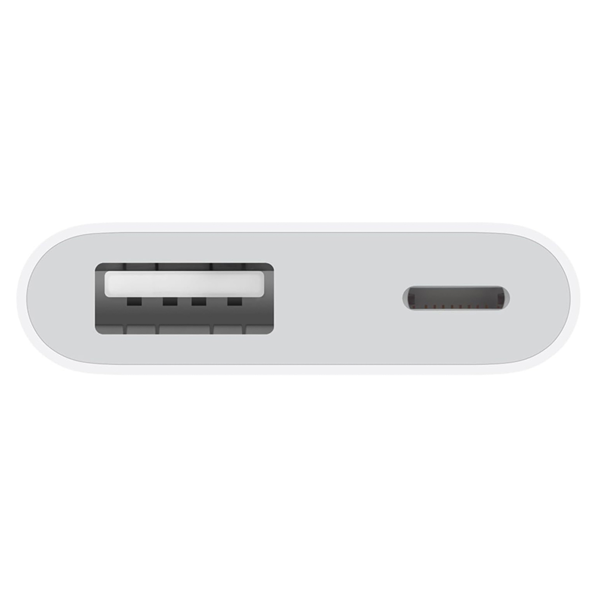 Ein weißer USB-Adapter mit einem USB-A-Anschluss links und einem USB-C-Anschluss rechts. Das Gerät befindet sich auf weißem Hintergrund.