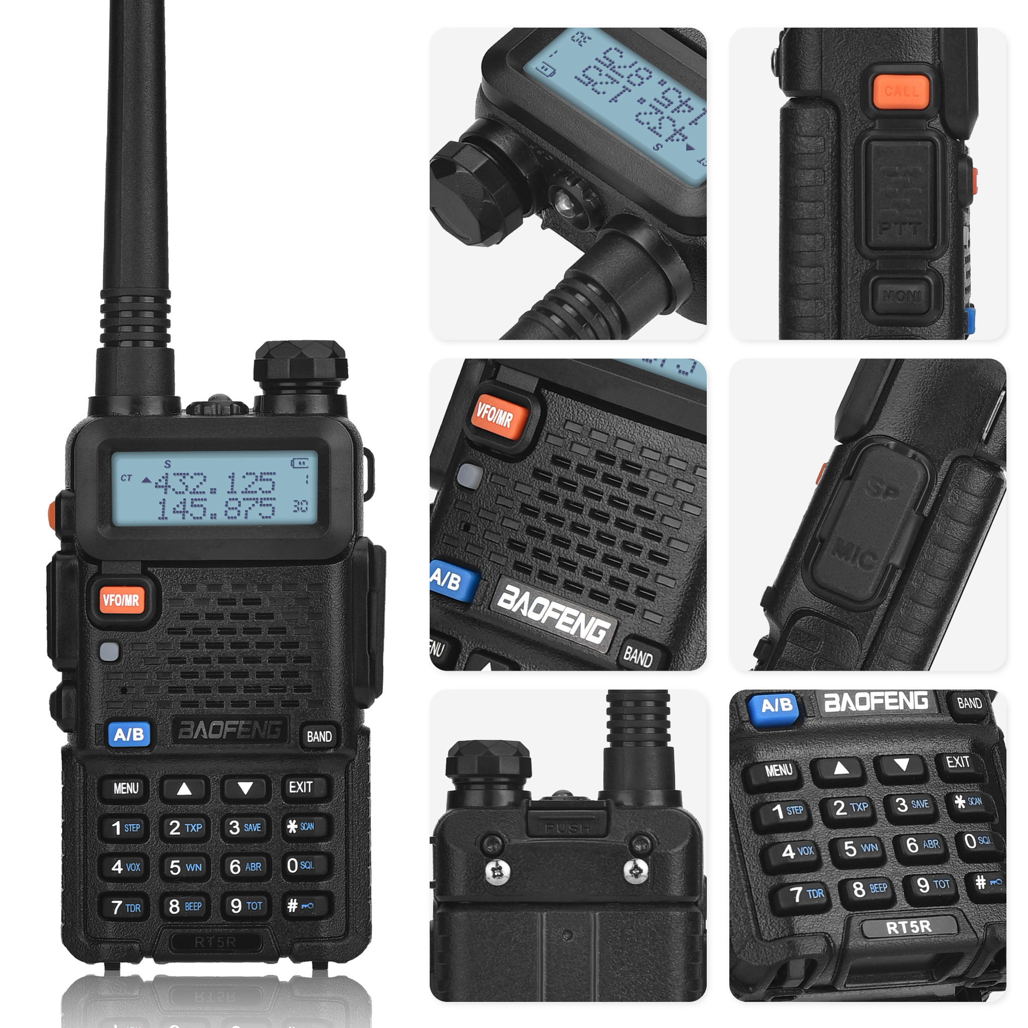 Una radio negra Baofeng RT5R. Tiene una pantalla y botones para operar. La antena se extiende desde arriba.