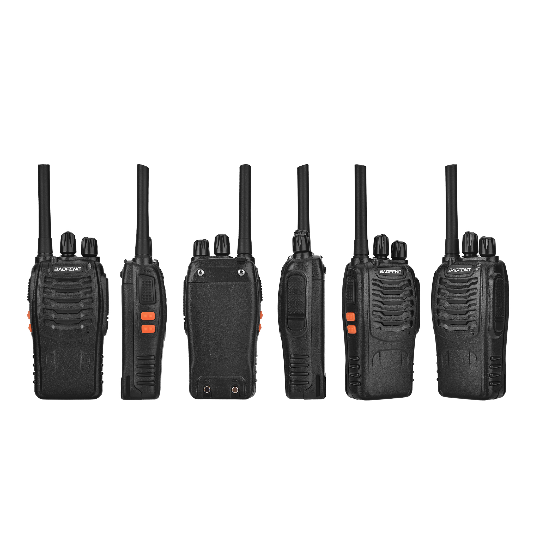 Sei walkie-talkie Baofeng neri sono mostrati da diverse angolazioni. Ognuno ha un'antenna, pulsanti e un altoparlante.