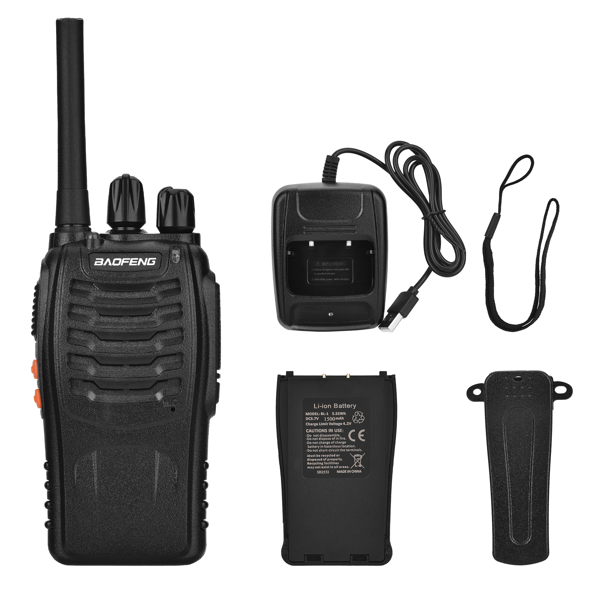 Una radio Baofeng nera, caricabatterie, batteria e clip. Include antenna, pulsanti e cordino. Tutti gli elementi sono neri.