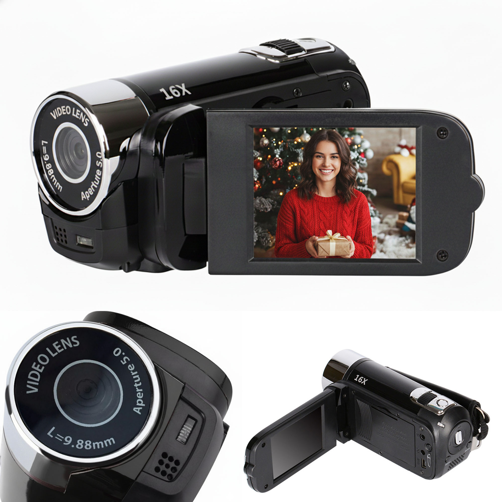 Eine schwarze Camcorder mit einem ausklappbaren Bildschirm, der eine Frau mit einem Geschenk vor einem Weihnachtsbaum zeigt.