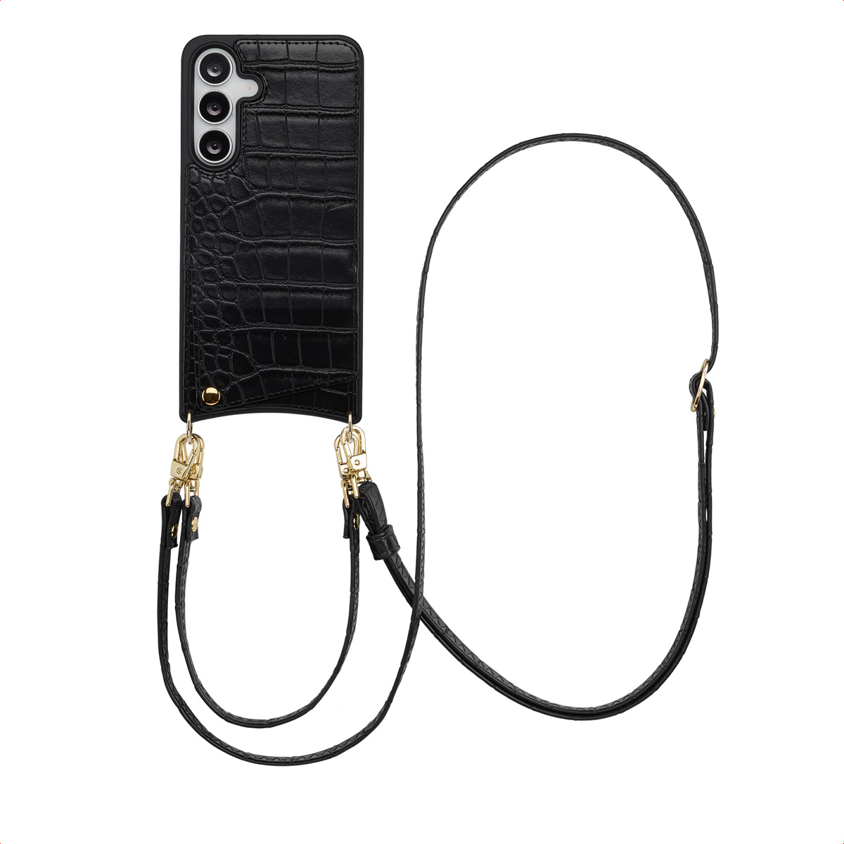 Zwarte telefoonhoes met krokodillenstructuur met camera en gouden riembevestigingen, verbonden met een lange zwarte riem, op witte achtergrond.