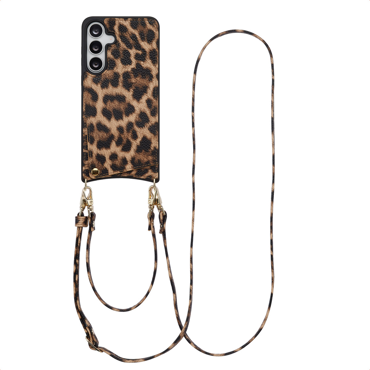 Een telefoonhoesje met luipaardprint, een riem en gouden sluitingen. De hoes is zwart en bruin. De riem is bruin en zwart.