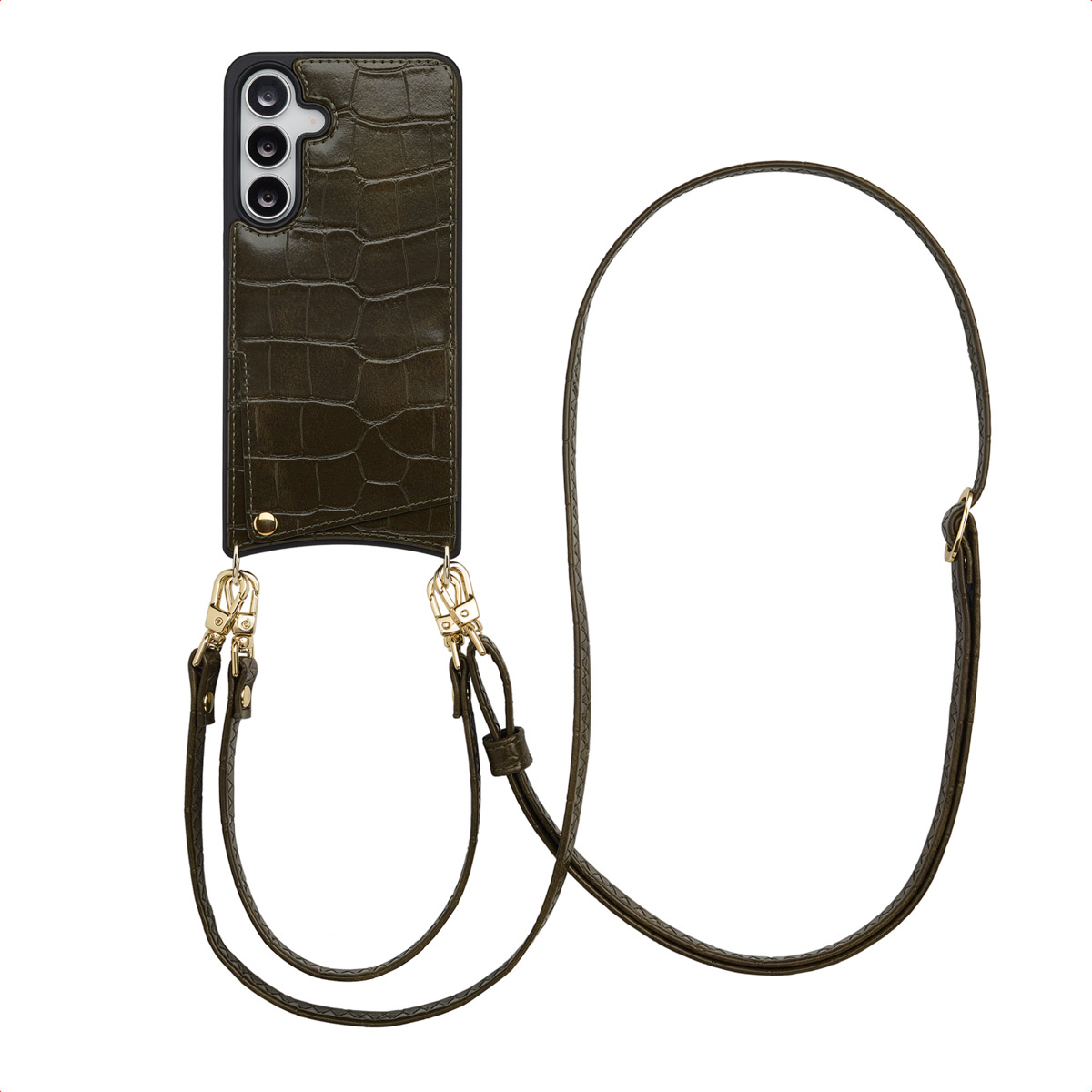 Een donkergroene telefoonhoes met een krokodillenleertextuur en een riem. Het heeft gouden sluitingen en een lange, dunne riem om te dragen.