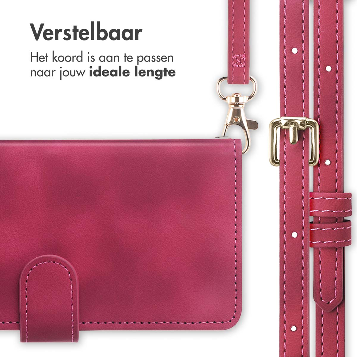 Gros plan sur un étui de téléphone rose avec une sangle réglable et du matériel doré.