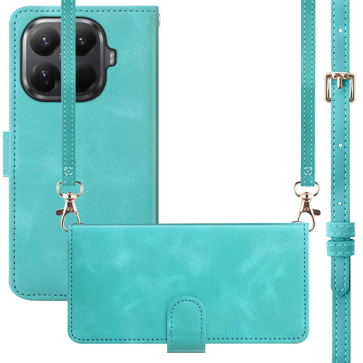 Een teal leren telefoonhoesje met een afneembare riem en een portemonnee. De hoes is gedetailleerd met stiksels en metalen hardware.