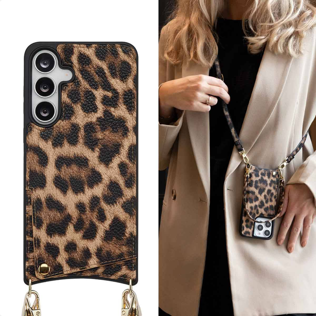 Een vrouw houdt een telefoonhoesje met luipaardprint vast. De hoes is met een riem om haar nek bevestigd.