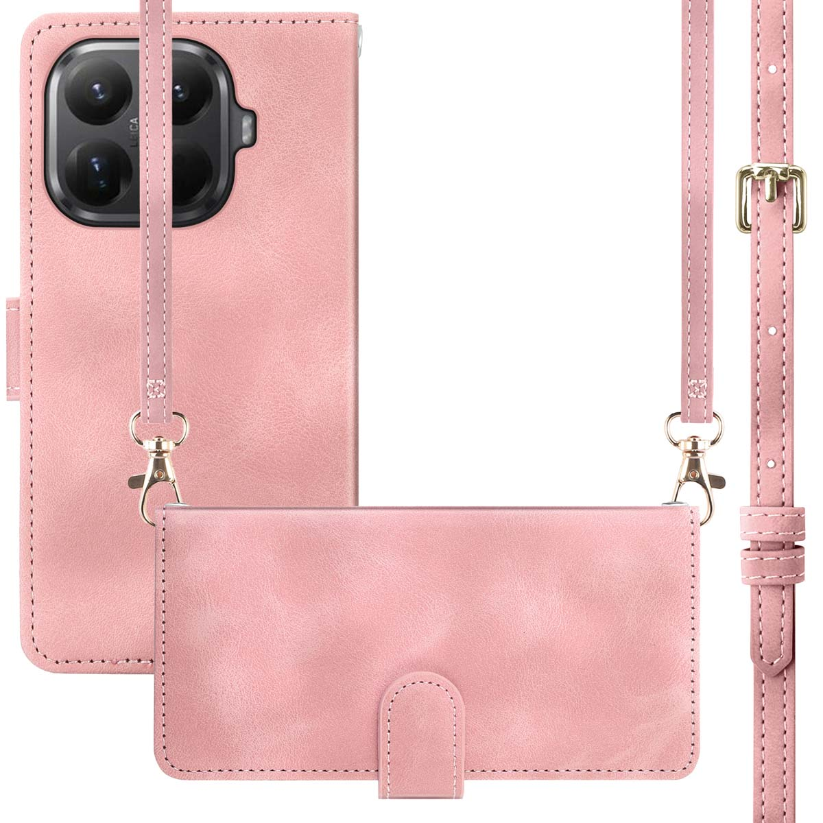 Étui de téléphone en cuir rose avec sangle et portefeuille. L'étui a une découpe pour l'appareil photo, un fermoir et une fermeture à bouton.
