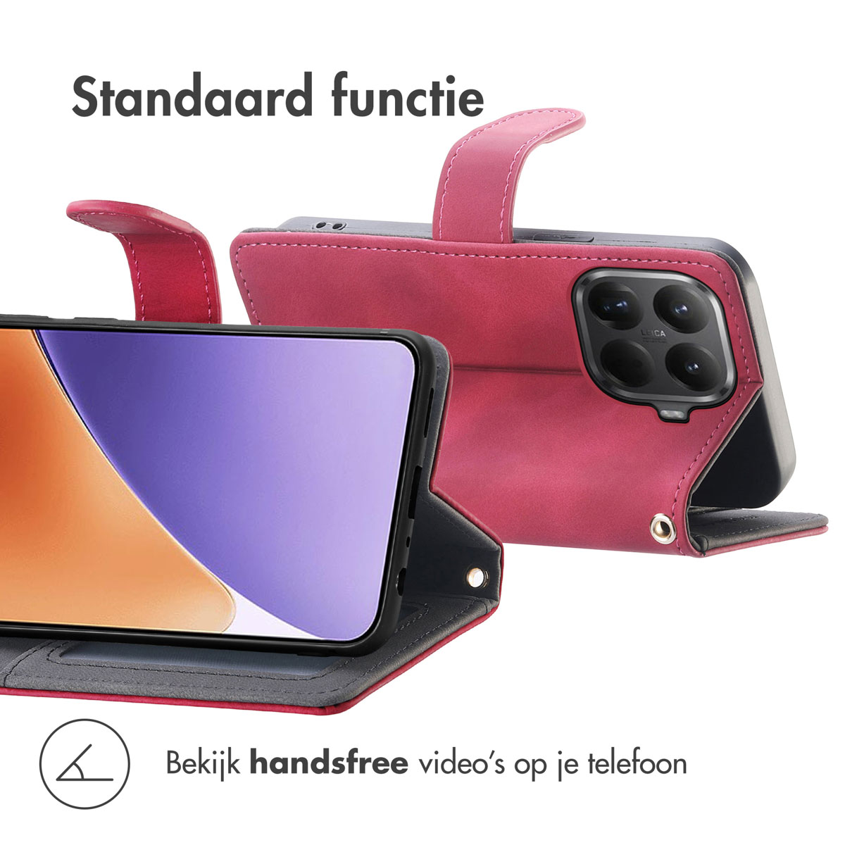 Un étui de téléphone rouge avec un téléphone à l'intérieur. Écran avec dégradé violet. Texte: Bekijk handsfree video's op je telefoon.