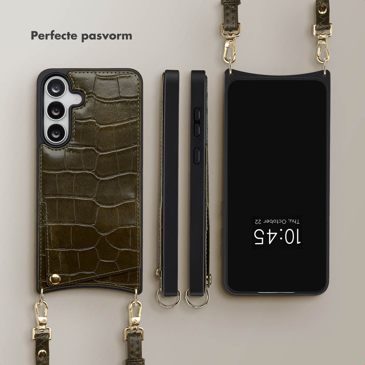 Olijfgroene telefoonhoes met riem en telefoon. Krokodiltextuur. Zwarte telefoonhoes, riemen en een telefoon met klok.