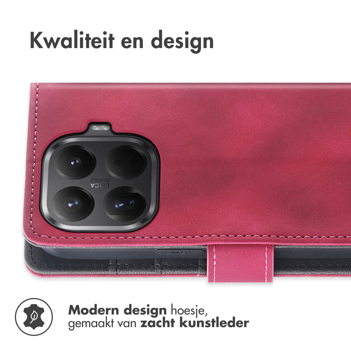 Gros plan sur un étui de téléphone rouge avec module caméra. L'étui a une fermeture magnétique et est en cuir artificiel souple.