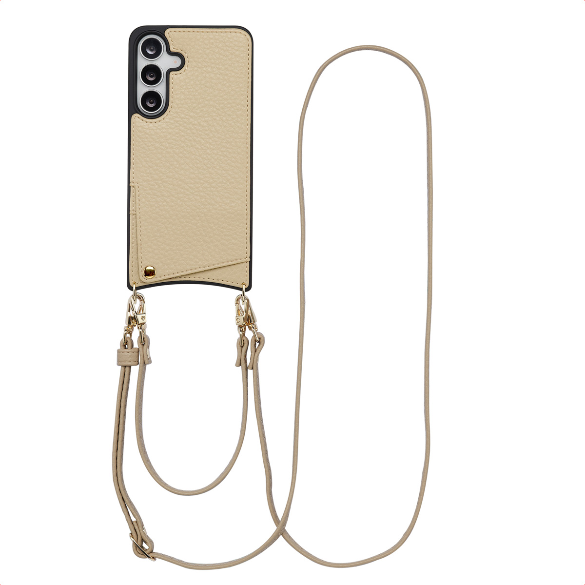 Beige telefoonhoesje met zwart frame en camera, bevestigd aan een beige band met gouden hardware. Witte achtergrond.