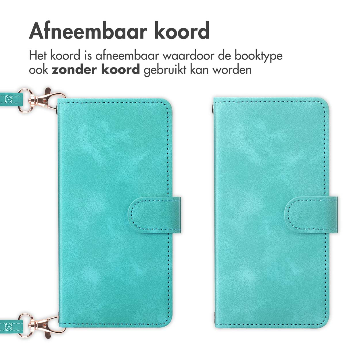 Twee turquoise telefoonhoesjes met een afneembaar koord worden getoond. De tekst stelt dat het koord afneembaar is, waardoor het zonder kan worden gebruikt.