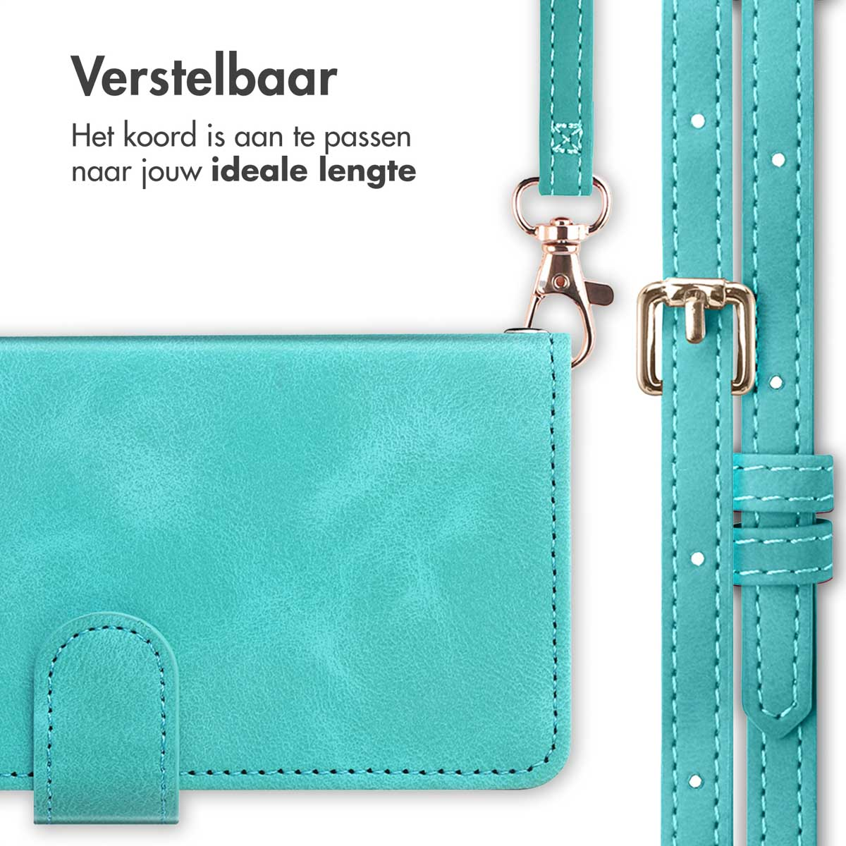 Turquoise telefoonhoesje met verstelbare riem en gesp. Tekst zegt 'Verstelbaar' en 'Het koord is aan te passen naar jouw ideale lengte'.