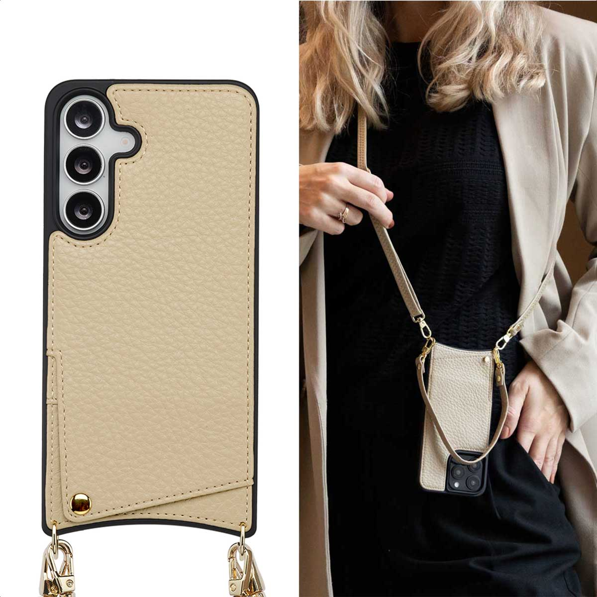 Een vrouw houdt een telefoon vast met een beige leren hoesje. De hoes heeft een riem. De vrouw draagt een zwarte top en een beige jas.