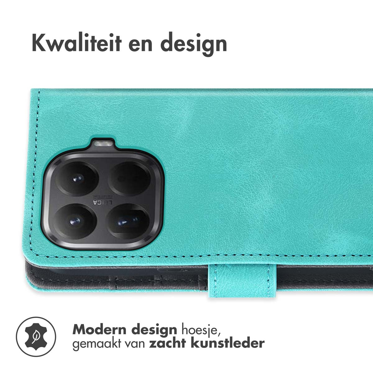 Een turquoise telefoonhoesje met een uitsparing voor de camera met vier lenzen. De hoes is gemaakt van zacht leer. Tekst: 'Kwaliteit en design'.