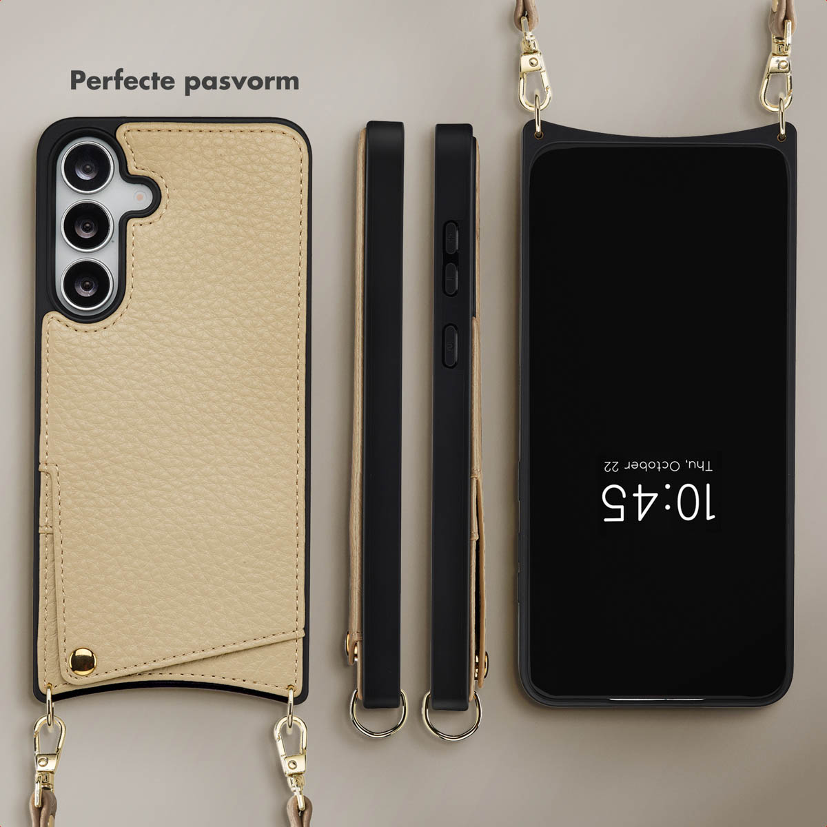 Een telefoonhoesje, telefoon en twee bandjes op een lichtbruin oppervlak. De hoes is beige, de telefoon zwart en de bandjes bruin.