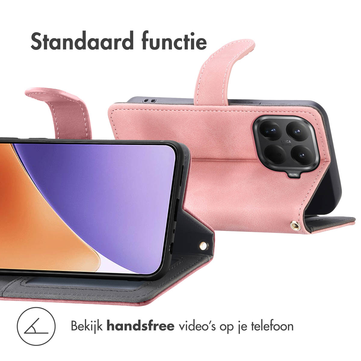 Étui de téléphone rose avec téléphone à l'intérieur. Ouvert, écran et caméra visibles. Texte: Standaard functie.