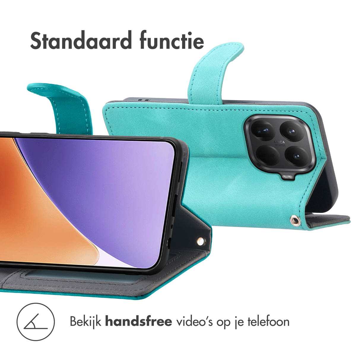 Een turquoise telefoonhoesje met een telefoon erin. Het telefoonscherm toont een lichtoranje en paarse kleur. De tekst op de afbeelding zegt 'Standaard functie'.