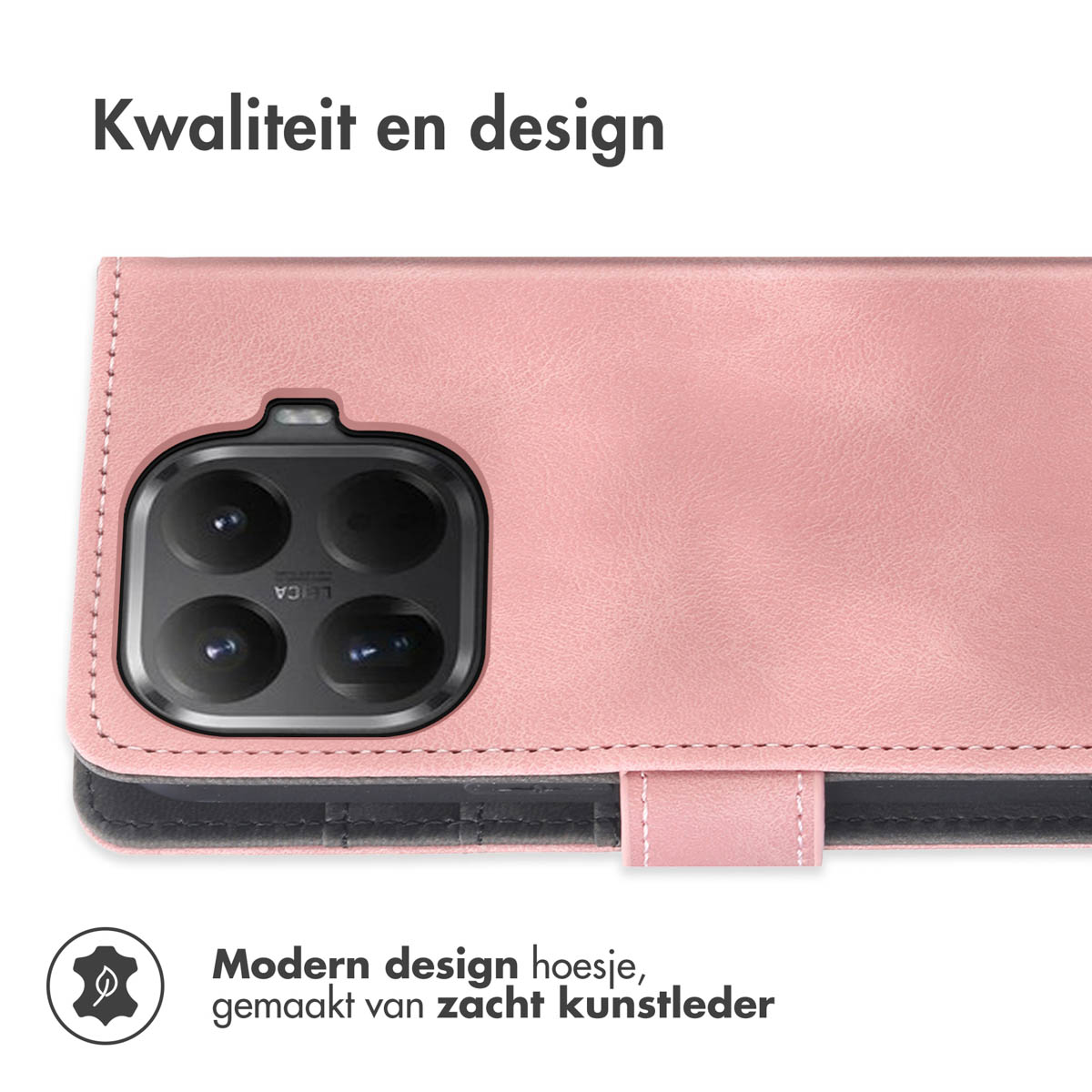 Coque de téléphone rose avec découpe pour appareil photo. La coque est en matériau imitation cuir avec le texte 'Kwaliteit en design'.