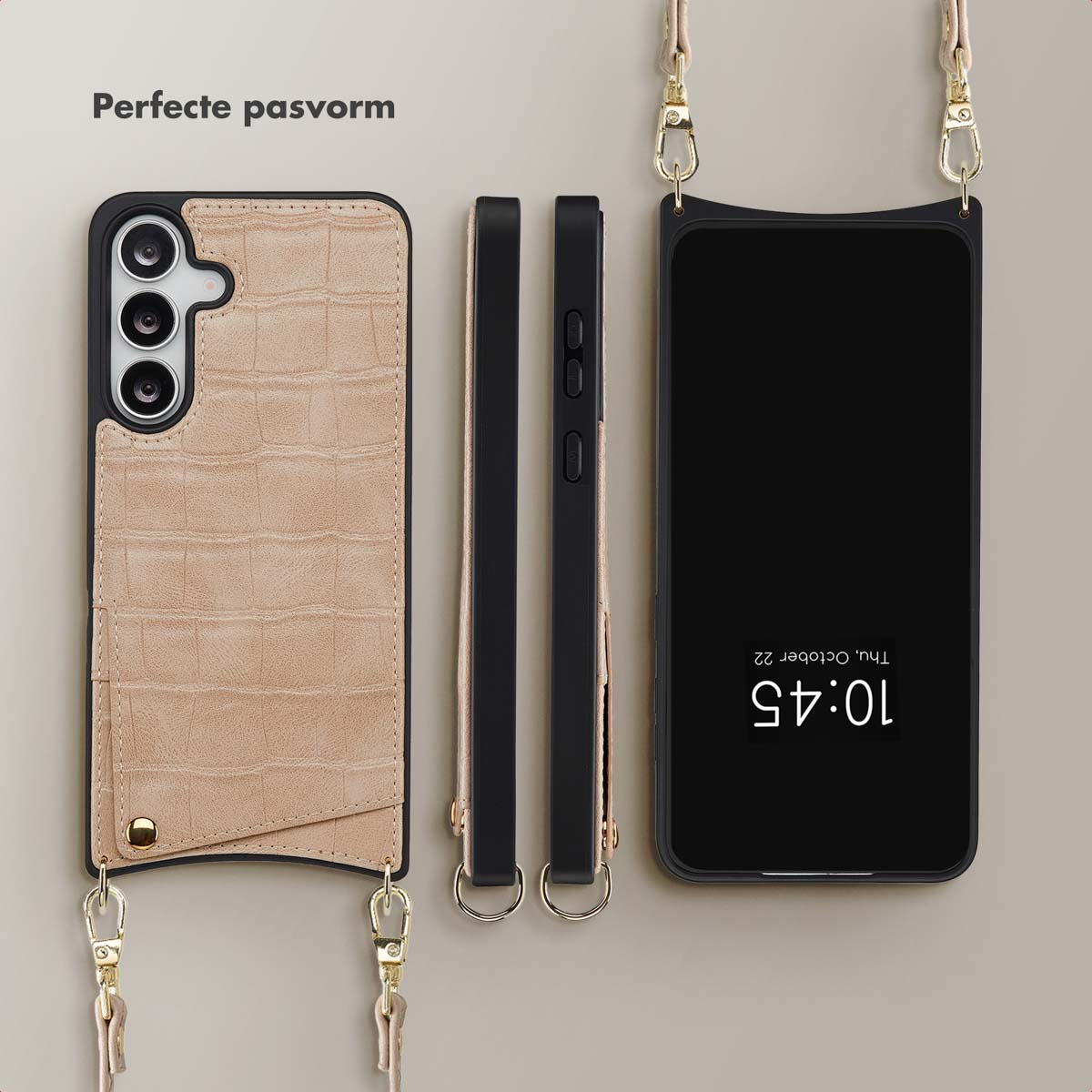 Telefoonhoesjes set met riem. Bevat een beige textuurhoes, twee zwarte hoesjes en een telefoon met zwart scherm.