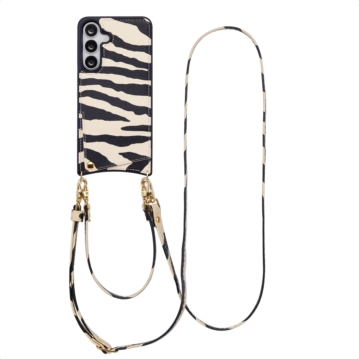 Een telefoonhoesje met zebra streepjes en een riempje. De hoes is zwart en wit, het riempje is beige en zwart.