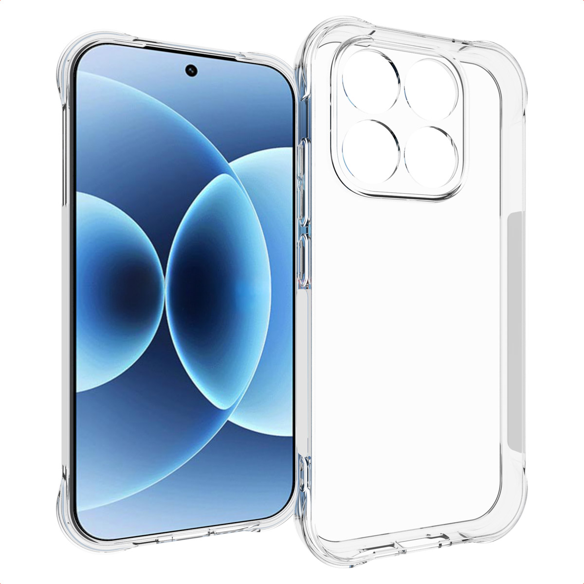 Une coque de téléphone transparente à côté d'un smartphone avec un fond abstrait bleu et blanc. La coque est transparente.