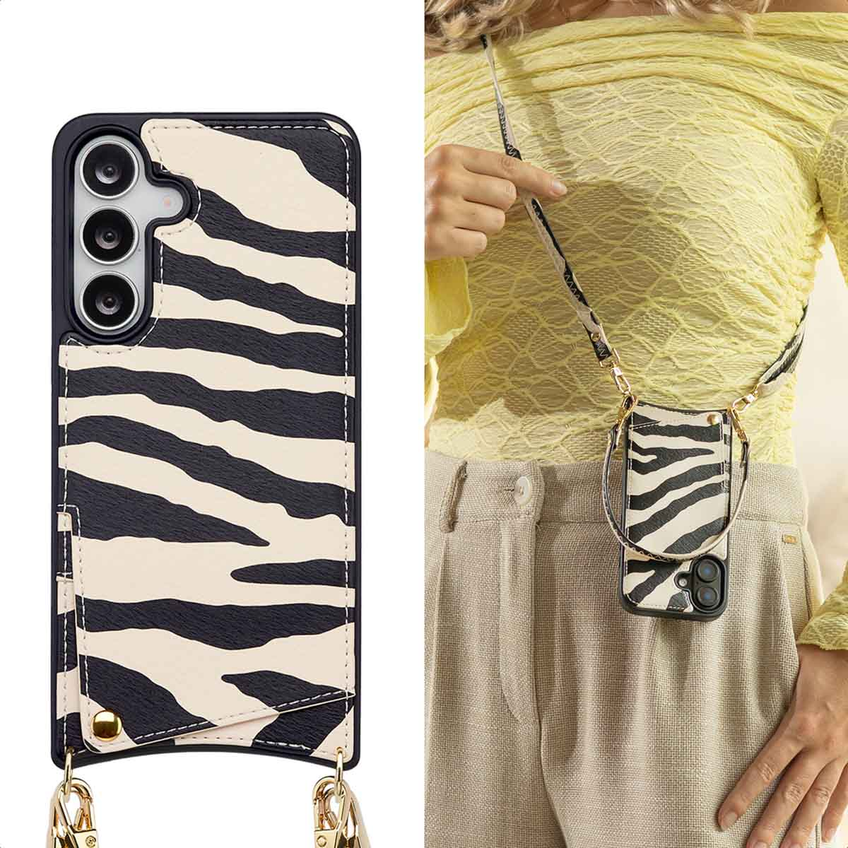 Een vrouw in een gele top en beige broek houdt een telefoonhoesje met zebraprint vast met een bandje.