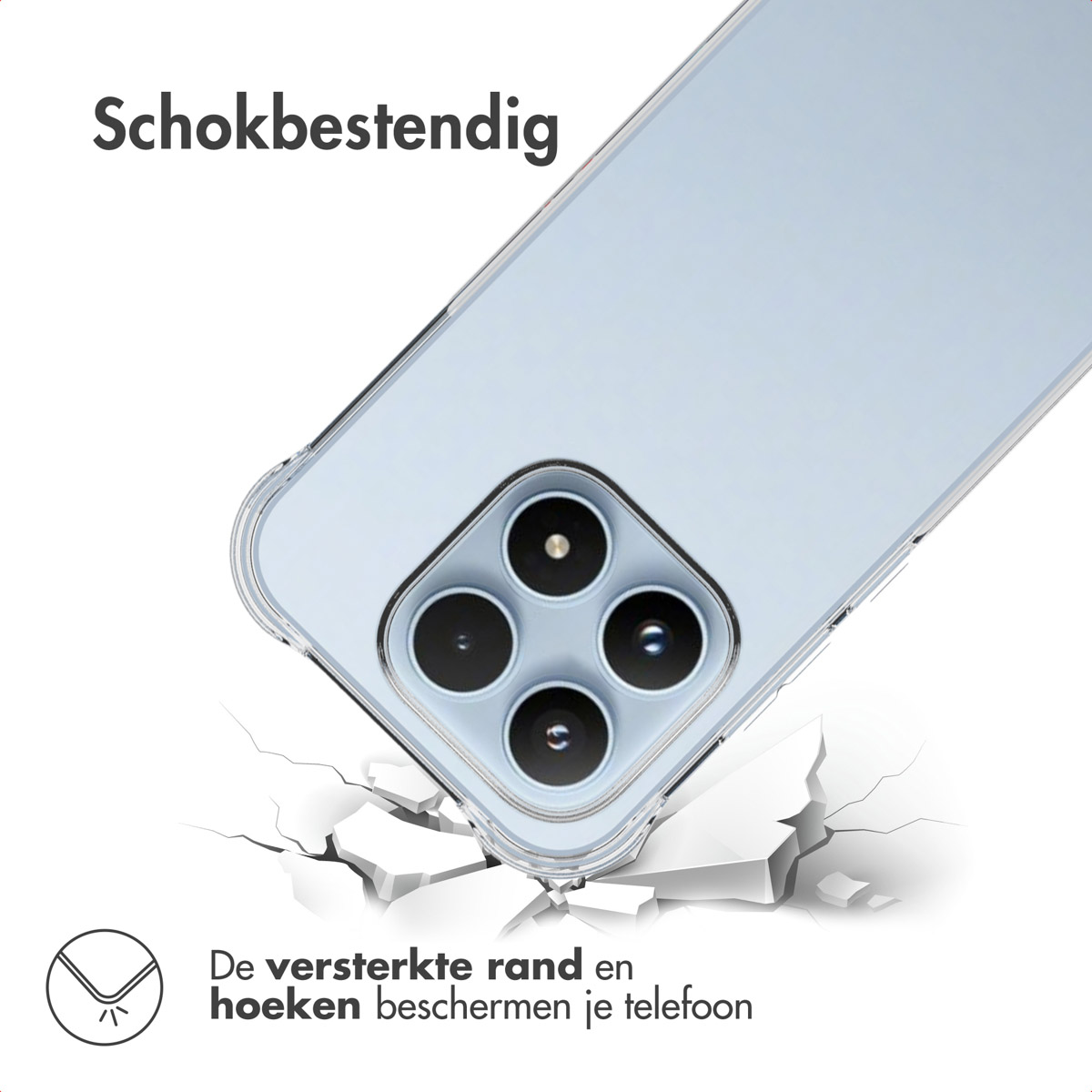Un téléphone dans une coque transparente. Le téléphone est incliné, montrant les lentilles de la caméra. Le texte dit 'résistant aux chocs' et 'les bords renforcés protègent votre téléphone'.
