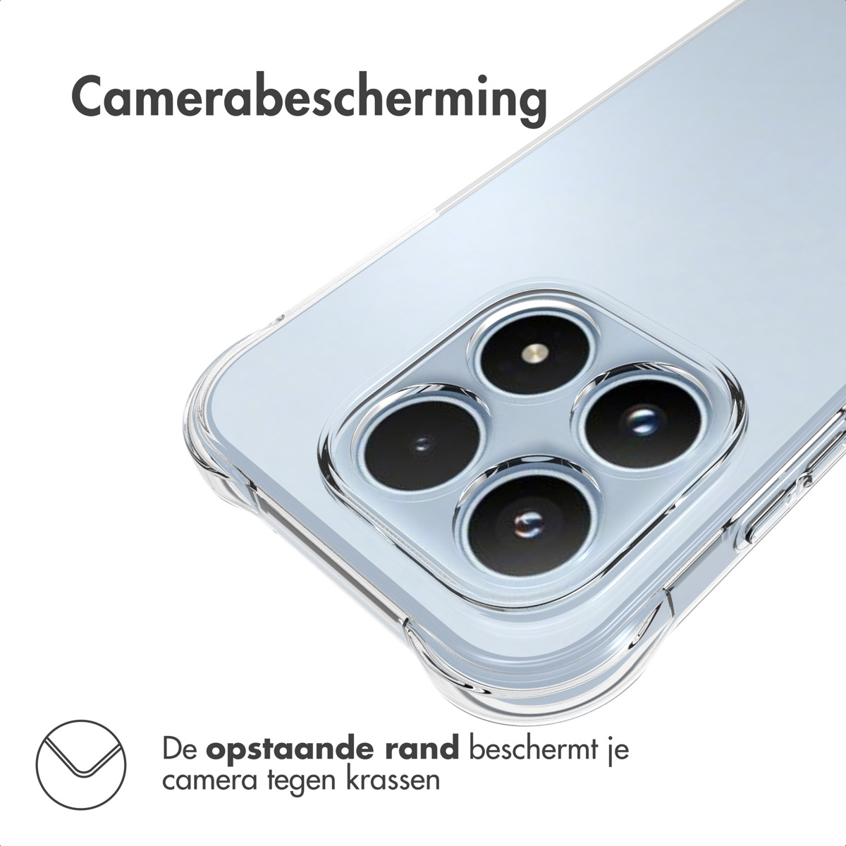 Une coque de téléphone transparente avec un bord surélevé protège les lentilles de la caméra. Le texte indique la protection de la caméra.