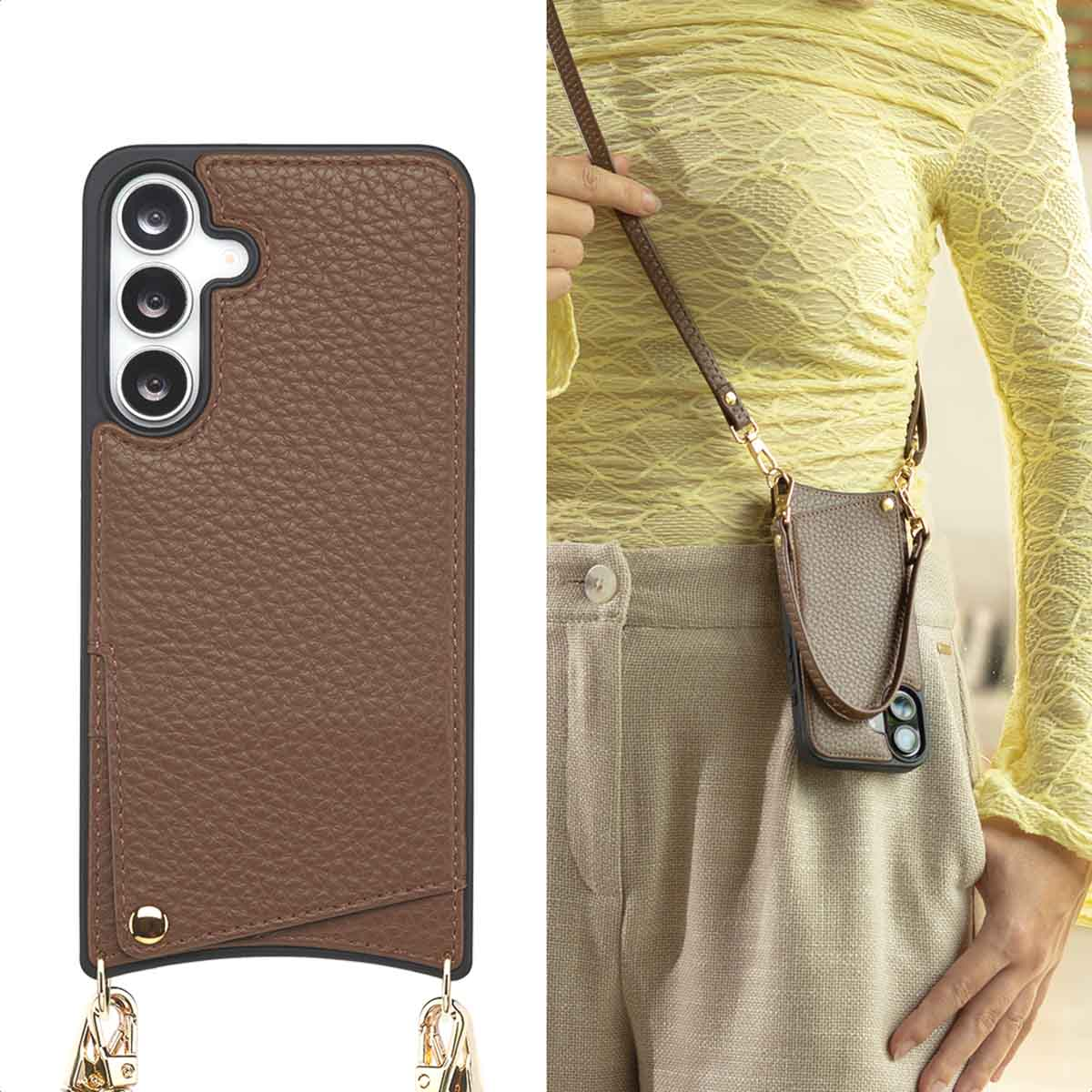 Bruine leren telefoonhoes met een band. Gedragen door een persoon, gele blouse, beige broek. Gouden sluitingen en details.
