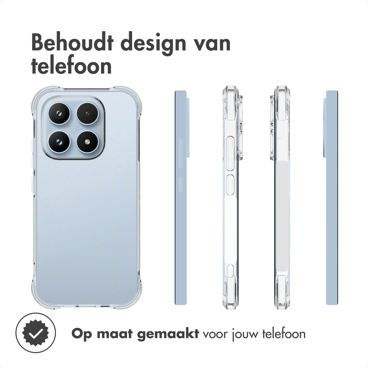 Un étui de téléphone avec un téléphone à l'intérieur est montré sous différents angles. Le texte dit 'Conserve le design du téléphone' et 'Fabriqué pour votre téléphone'.