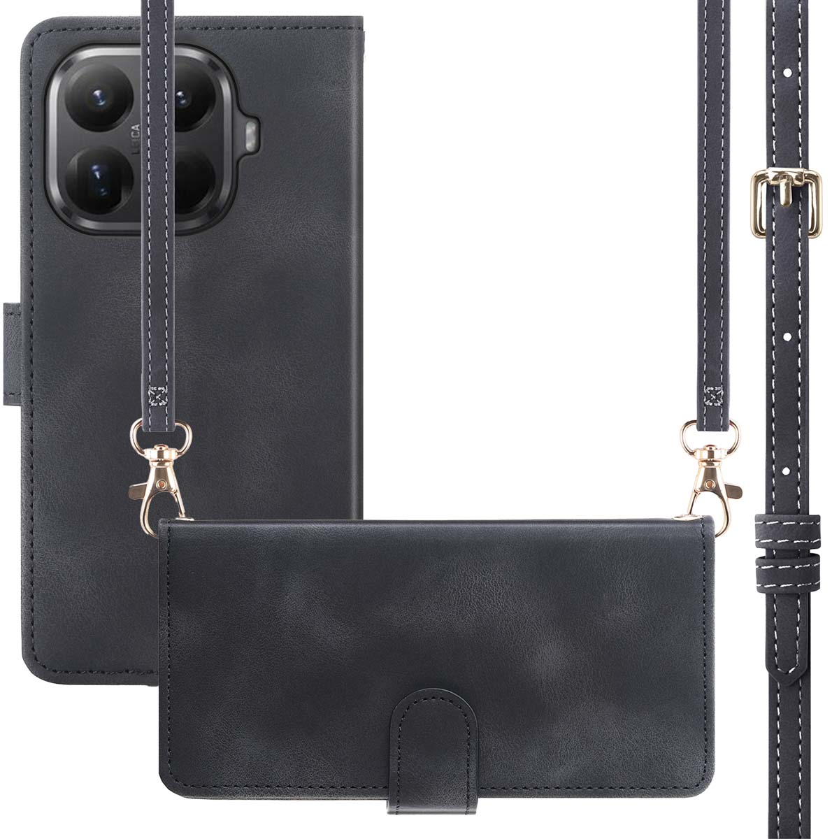Un étui de téléphone en cuir noir avec une sangle. L'étui a un rabat avant et une sangle avec des accessoires dorés. Des coutures blanches sont visibles.