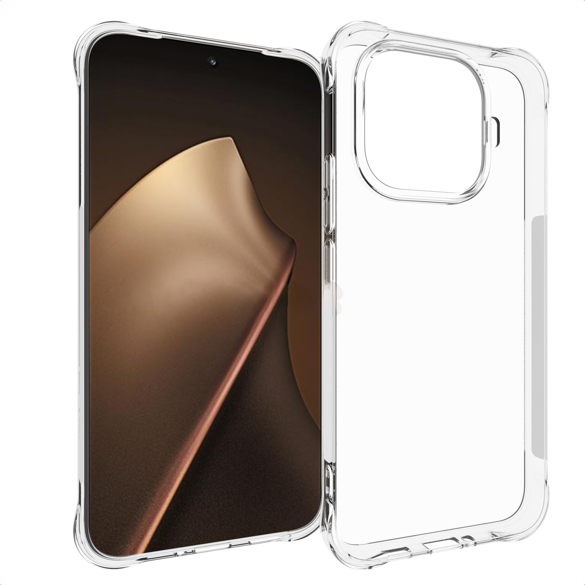 Una custodia trasparente per telefono accanto a uno smartphone con sfondo sfumato oro e marrone.