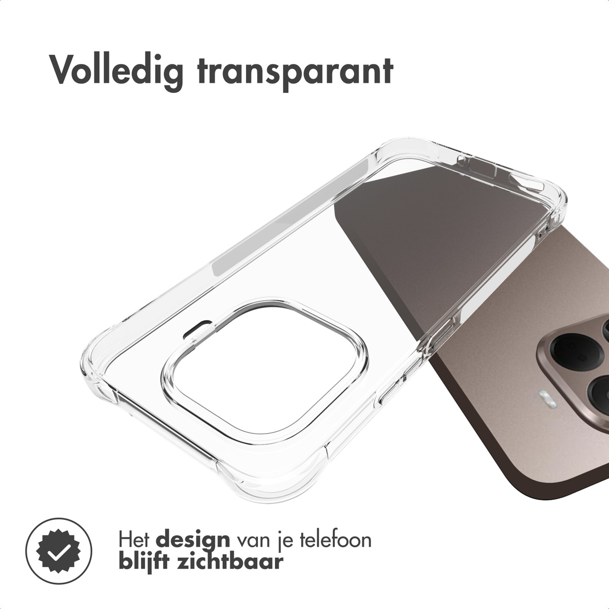 Una custodia trasparente per telefono è posizionata su un telefono. Il testo in alto dice 'Completamente trasparente'. Il design del telefono rimane visibile.