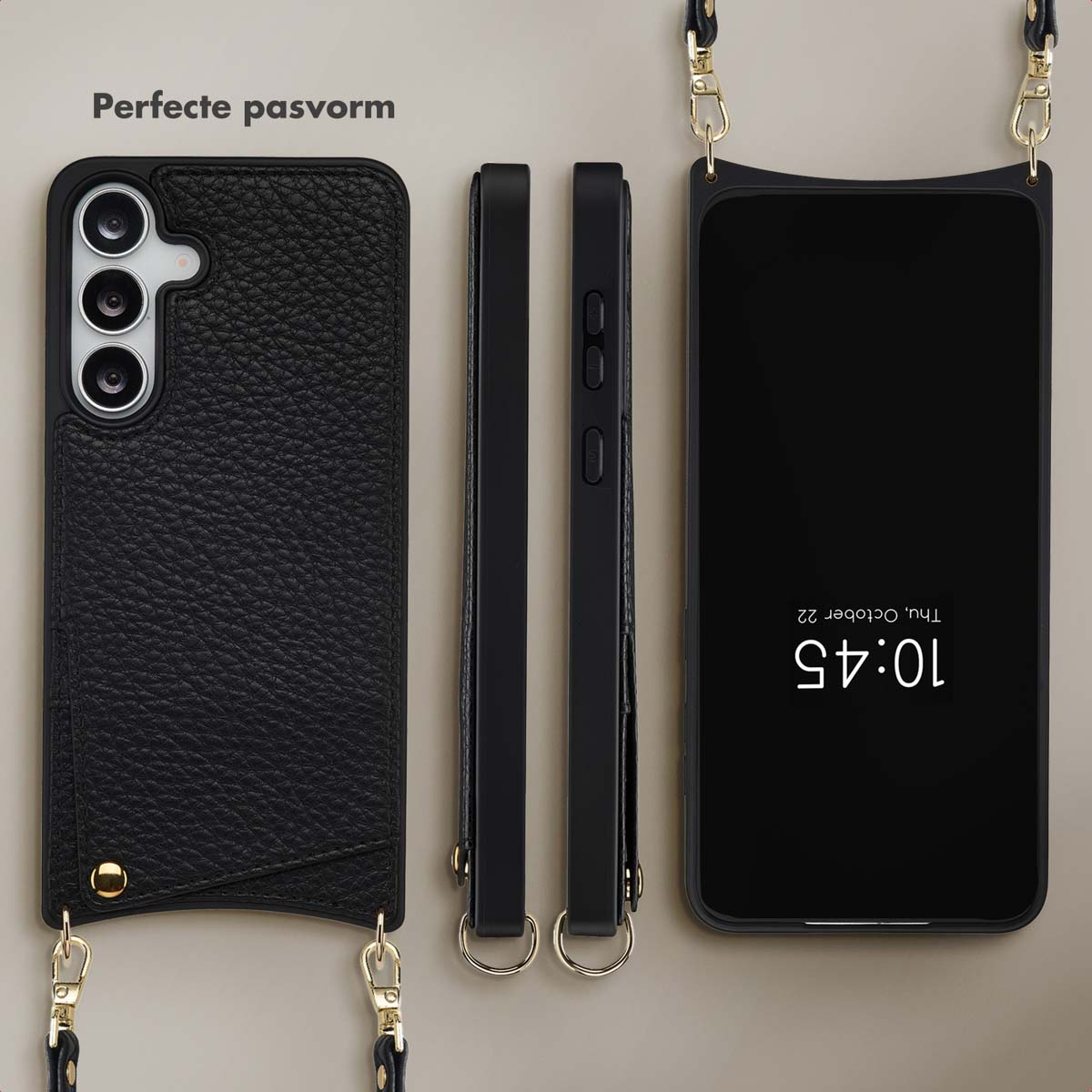 Zwarte telefoonhoesjes en een telefoon met een scherm waarop de tijd staat, allemaal met riemen. De hoesjes zijn van leer en plastic.