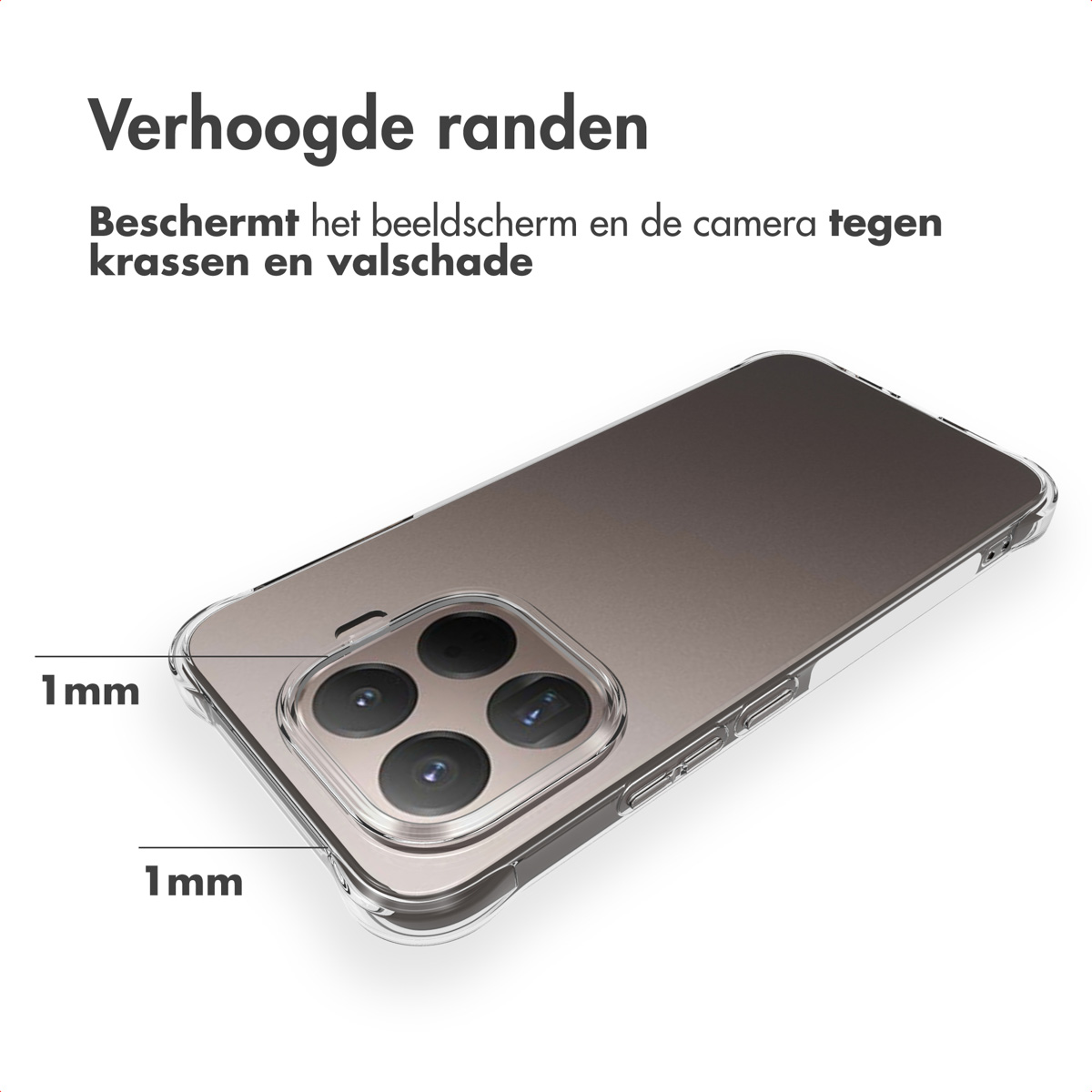 Una custodia trasparente per telefono protegge uno smartphone. Il testo olandese dice che protegge lo schermo e la fotocamera.