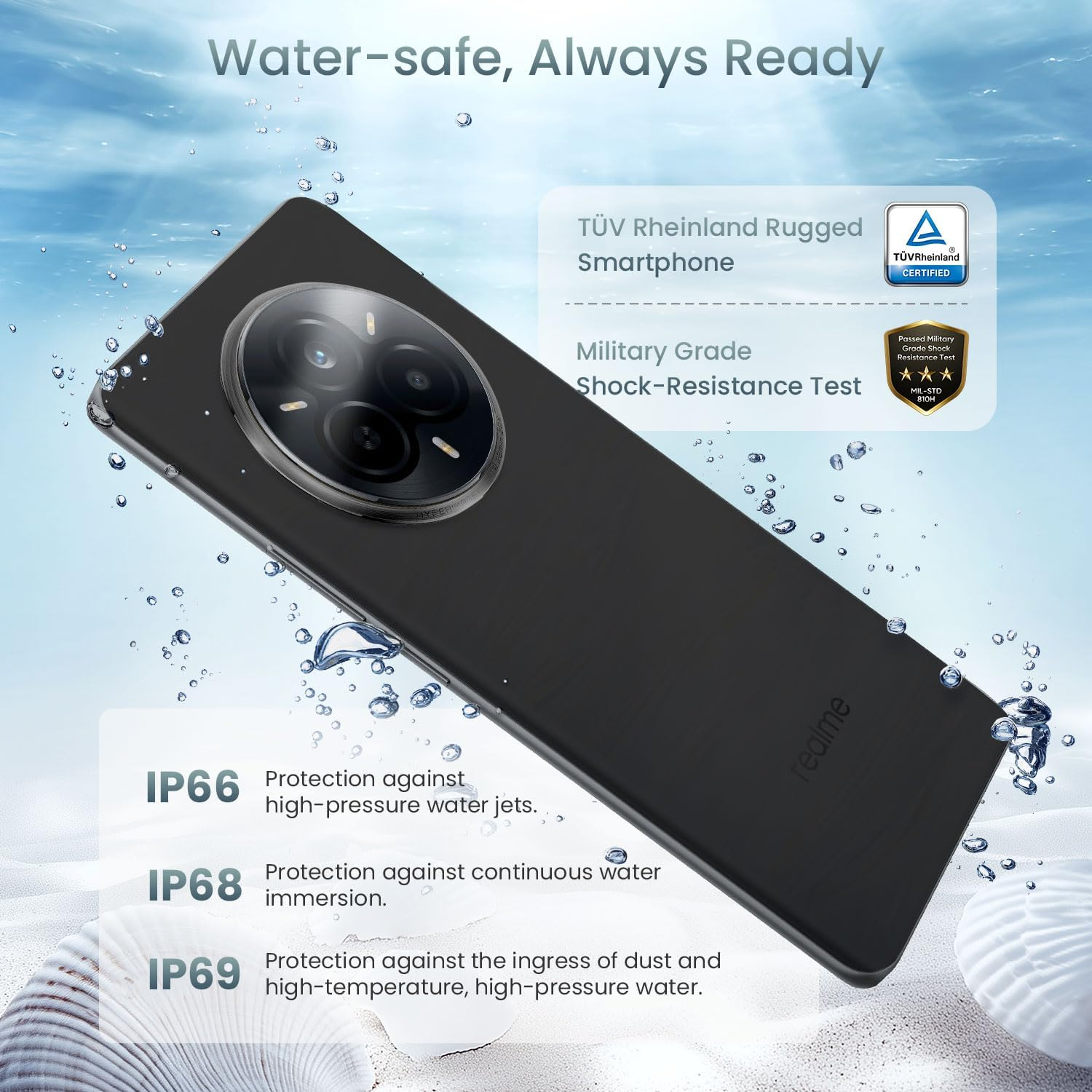 Un smartphone negro con un gran módulo de cámara, gotas de agua y certificaciones, promocionando la resistencia al agua y a los golpes.