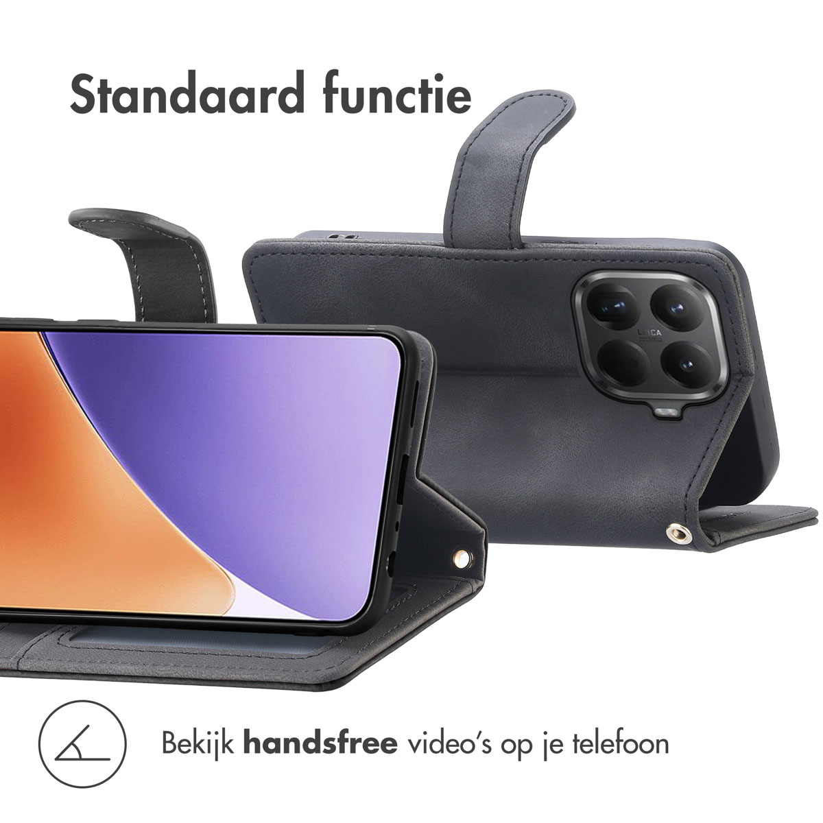 Un étui de téléphone avec un téléphone dedans. L'étui est gris foncé. Le texte sur l'image dit 'Standaard functie' et 'Bekijk handsfree video's op je telefoon'.