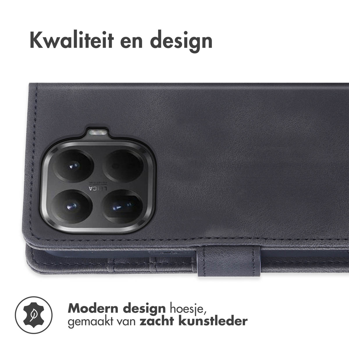 Gros plan d'un étui de téléphone. L'étui est gris foncé, avec un module caméra. Le texte dit 'Kwaliteit en design' et 'Modern design hoesje'.