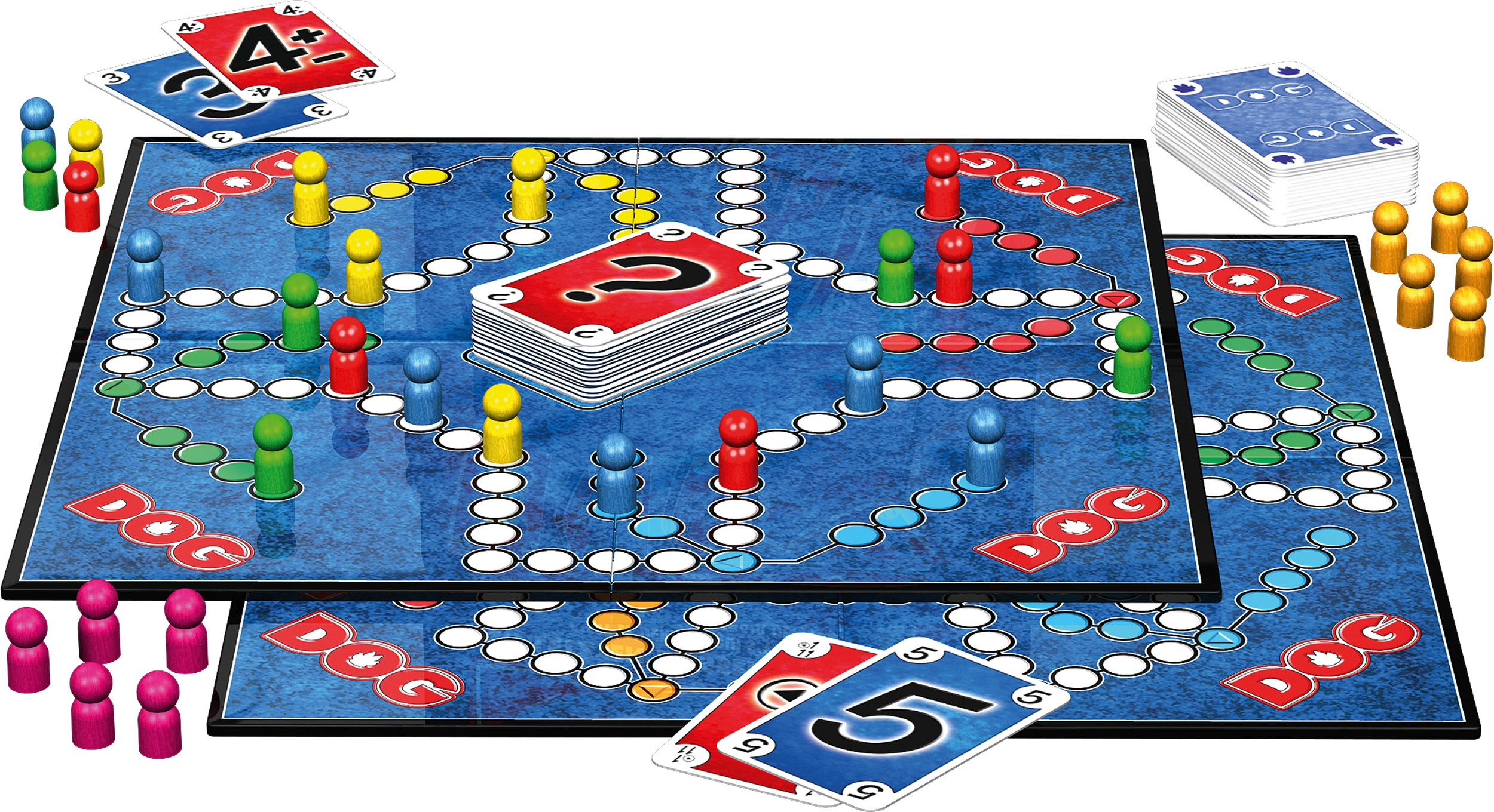 Gra planszowa Dog. Niebieska plansza z kolorowymi pionkami, kartami i kostkami. Gra jest ustawiona, gotowa do gry.