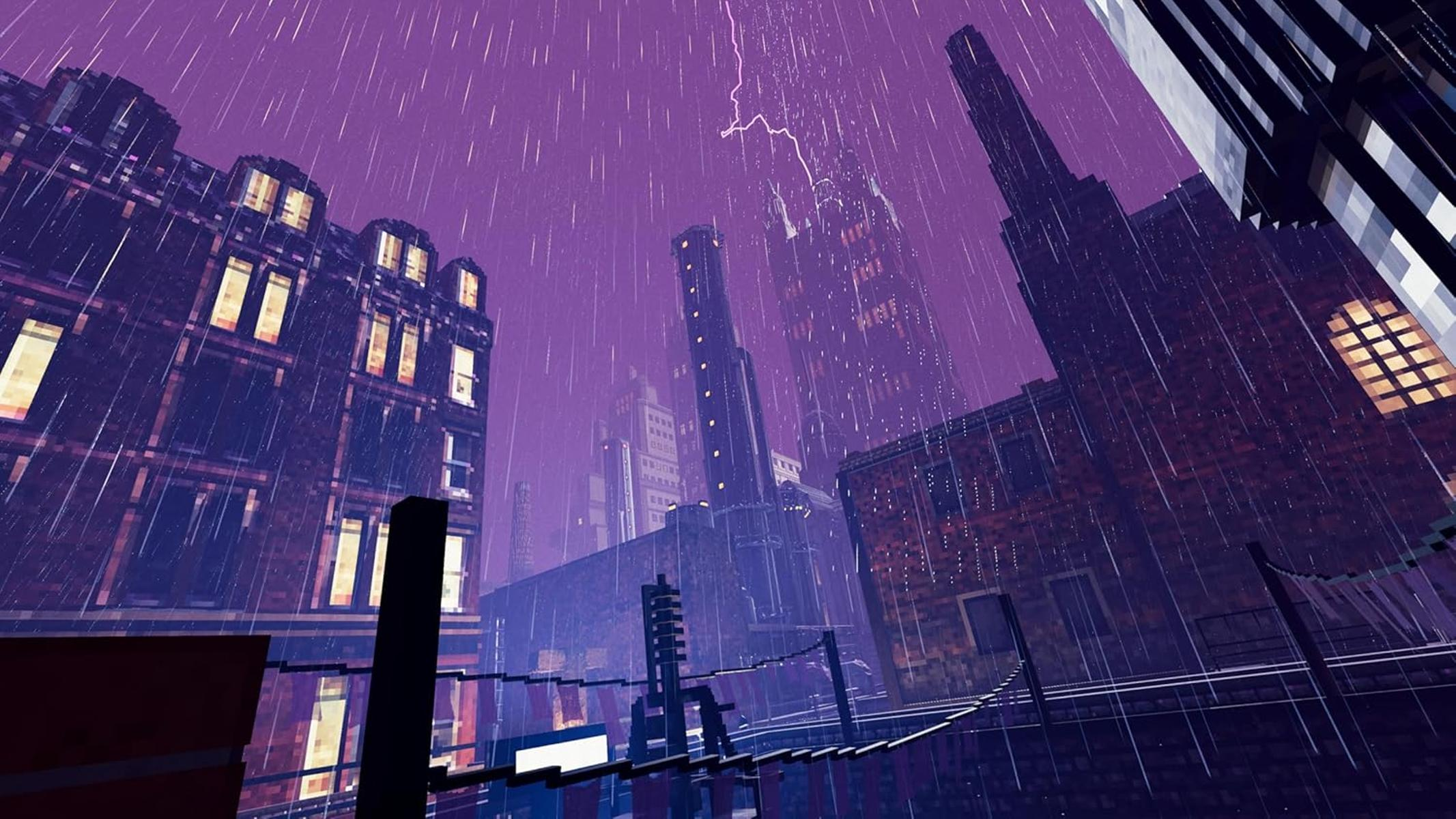 Eine nächtliche Stadtlandschaft während eines Sturms. Gebäude, Regen und Blitze sind vor einem violetten Himmel zu sehen. Die Szene ist dunkel und nass.
