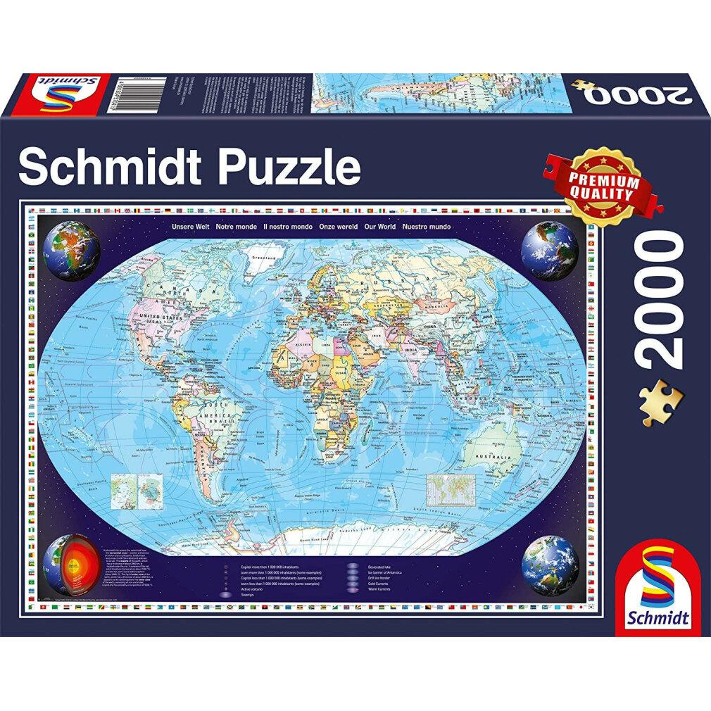 Puzzledose mit Weltkarte. Die Box zeigt eine Weltkarte mit dem Namen "Schmidt Puzzle".