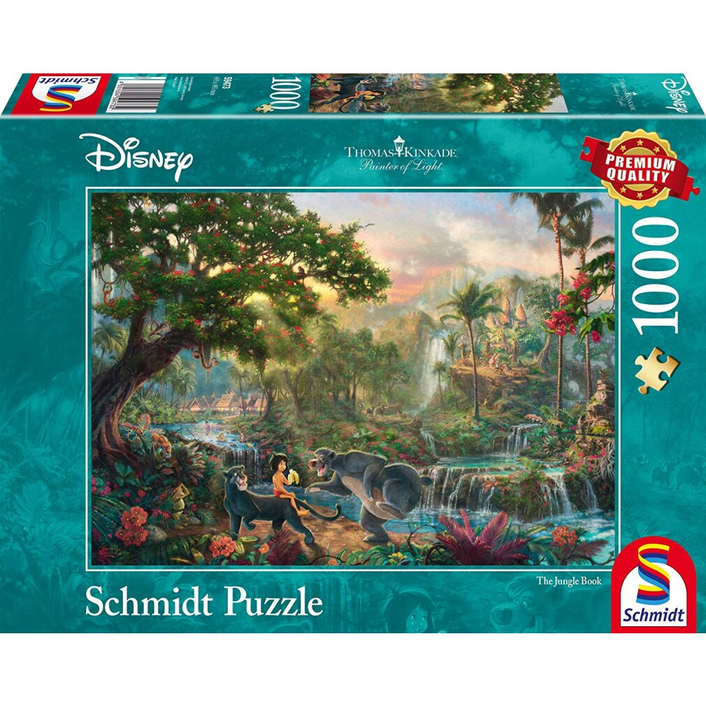Boîte de puzzle de la scène du 'Livre de la Jungle'. Mowgli sur une panthère, Baloo et une cascade dans une jungle. Logos Disney et Schmidt Puzzle.