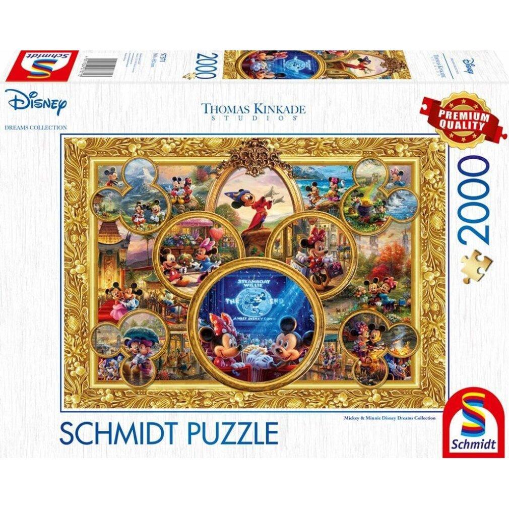 Puzzle Disneya, 2000 elementów, z Miki i Minnie w różnych scenach, oprawiony w złoto. Kolekcja Disney Dreams.