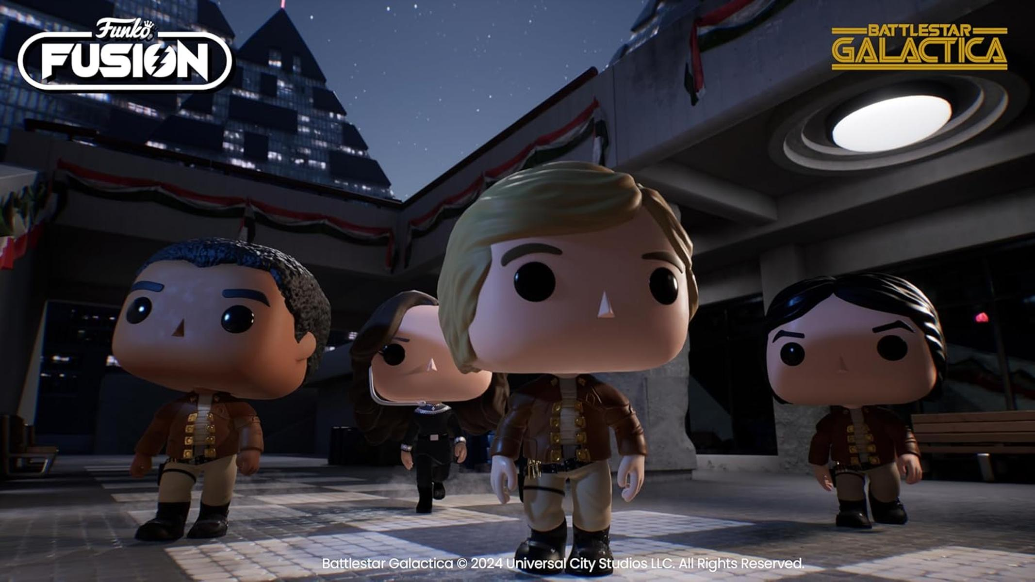 Vier Funko Pop-Figuren von Battlestar Galactica stehen unter einem Vordach. Der Hintergrund zeigt eine Stadt bei Nacht.